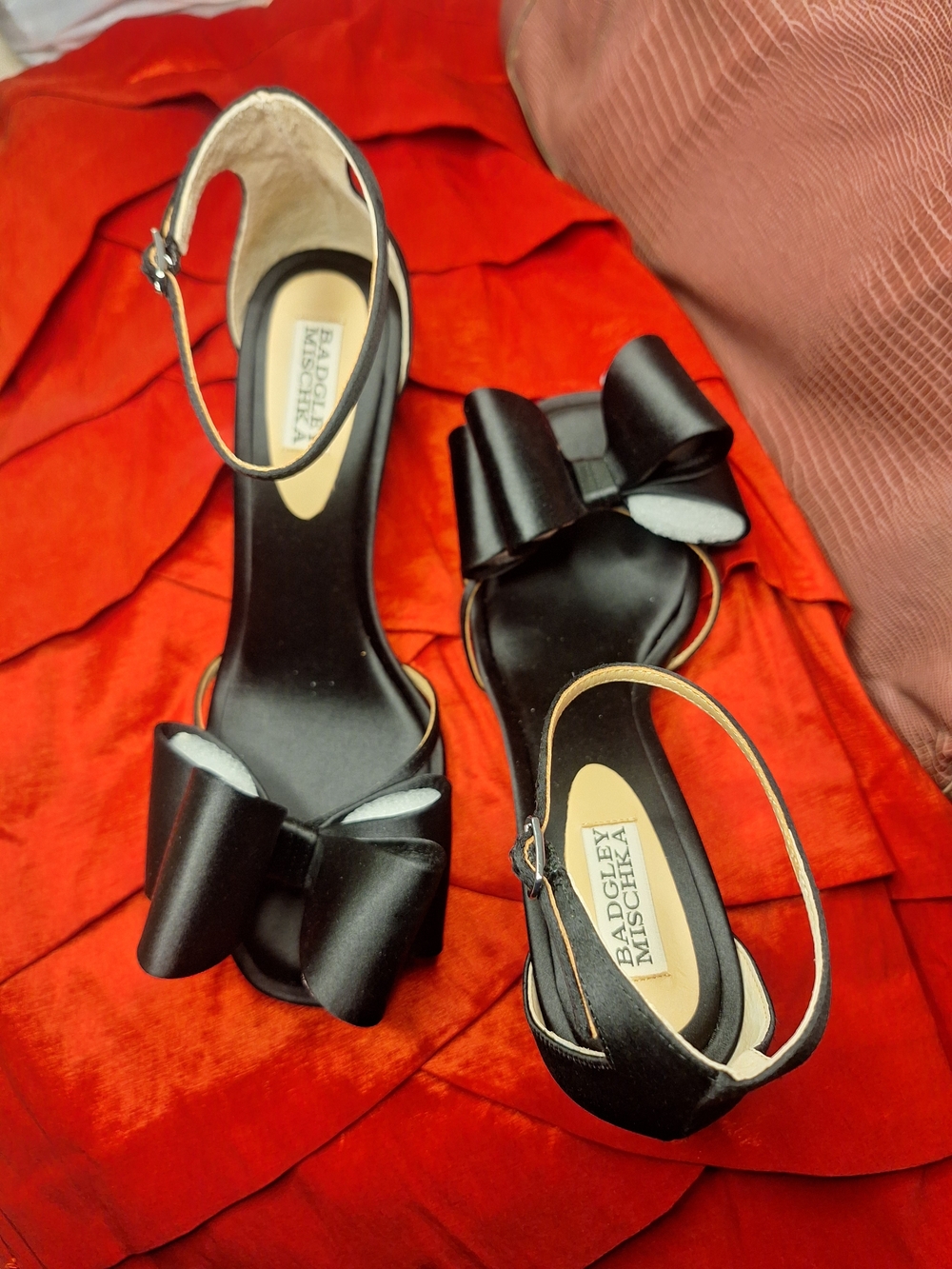 Badgley Mischka Black Satin Bow Ankle-Strap Heels